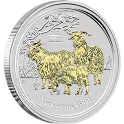 Stříbrná mince Lunární Série II - Rok Kozy 2015 - 1 Oz - zlacená edice - Líc