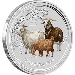 Stříbrná kolorovaná mince Lunární Série II - Rok Kozy 2015 1kg - Gemstone Edition zdobená drahým kamenem  - Líc